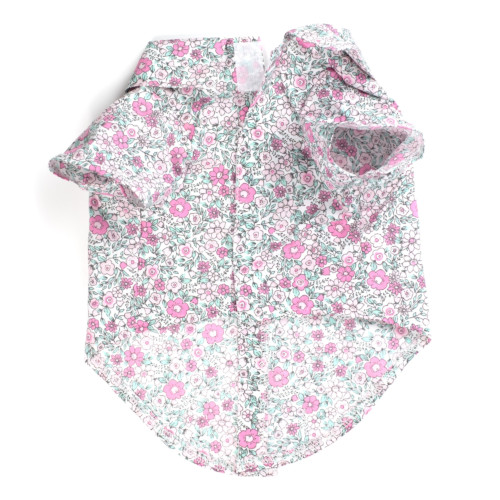 the latest spring fashion trends for your dog. Pink floral boy shirt, back view.