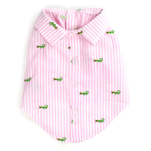 the latest spring fashion trends for your dog. Pink/white seersucker stripe with alligators boy shirt front view.